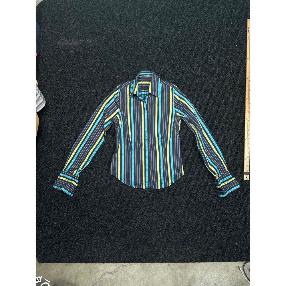 TM Lewin Woman Striped Button Down Shirt Navy Teal Lime Green Cotton Size 8
